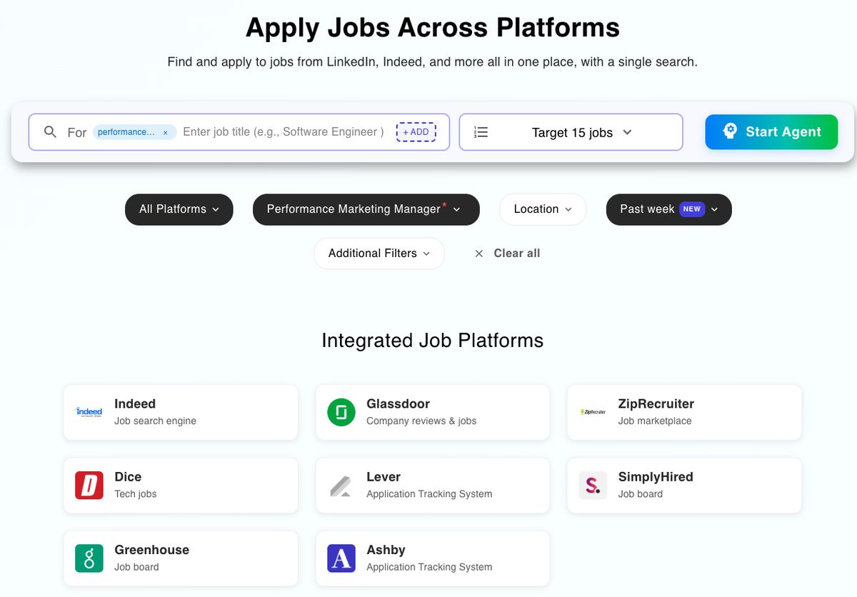 LazyApply job search screen with a job title, Target 15 jobs, Start Agent button and a list of integrated job platforms