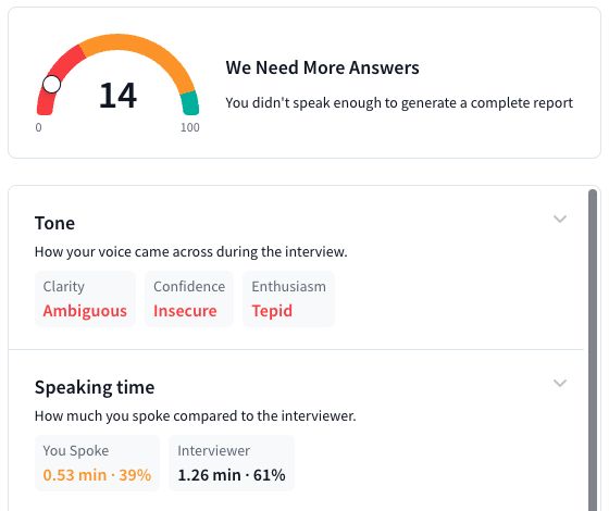 Rezi AI Interview report: overall score 14 with the note that there was not enough speech for a complete report, tone and speaking time