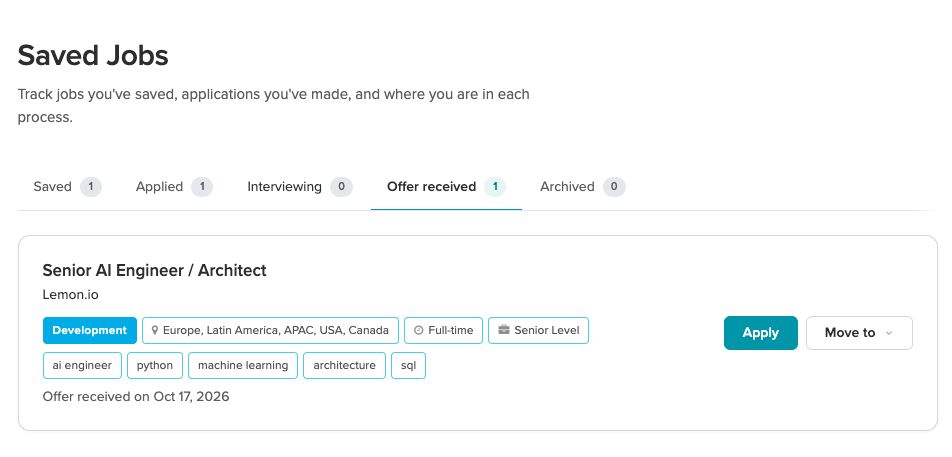 Working Nomads Saved Jobs: tabs Saved 1, Applied 1, Interviewing 0, Offer received 1, Archived 0; a Senior AI Engineer / Architect job at Lemon.io with Apply and Move to buttons