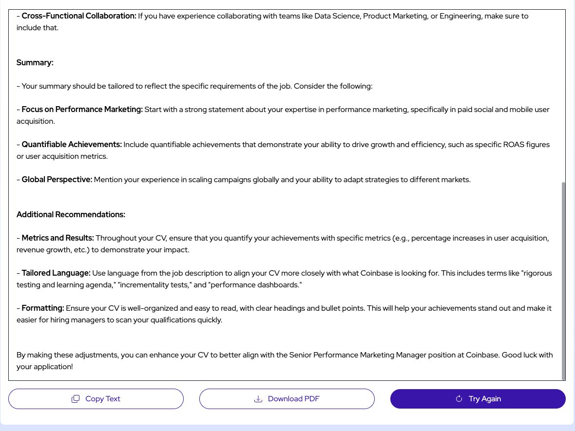 JobCopilot resume suggestions for a Senior Performance Marketing Manager job at Coinbase: advice on the summary, metrics, wording from the job description and formatting, with Copy Text, Download PDF and Try Again buttons