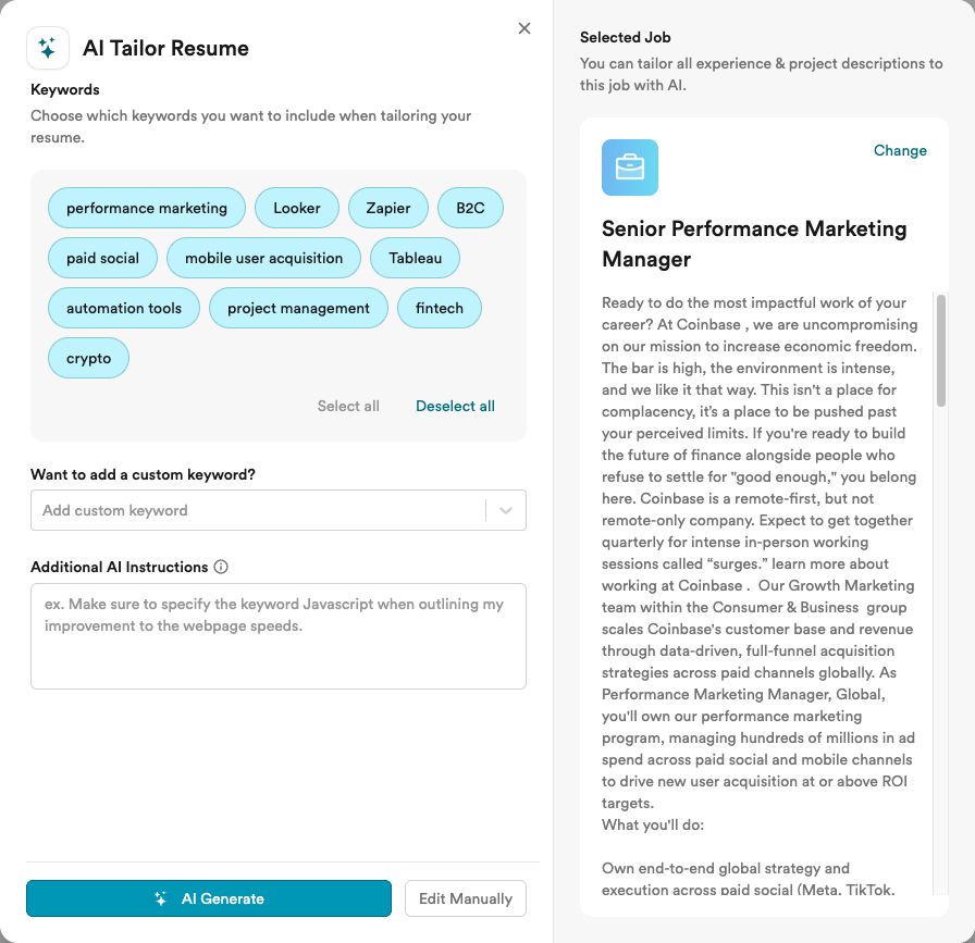 Simplify AI Tailor Resume window with keywords from the job posting to include