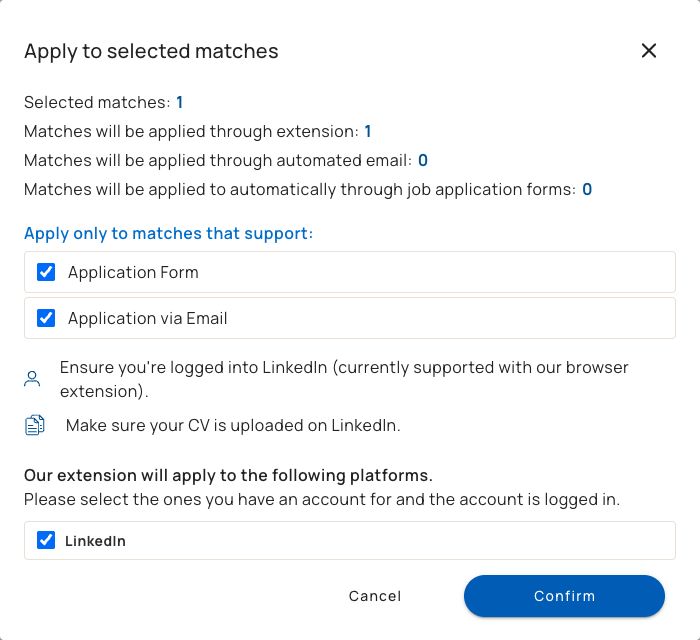 LoopCV popup Apply to selected matches: 1 selected, 1 through extension, 0 by automated email, 0 through application forms; Application Form and Application via Email ticked; reminder to be logged into LinkedIn