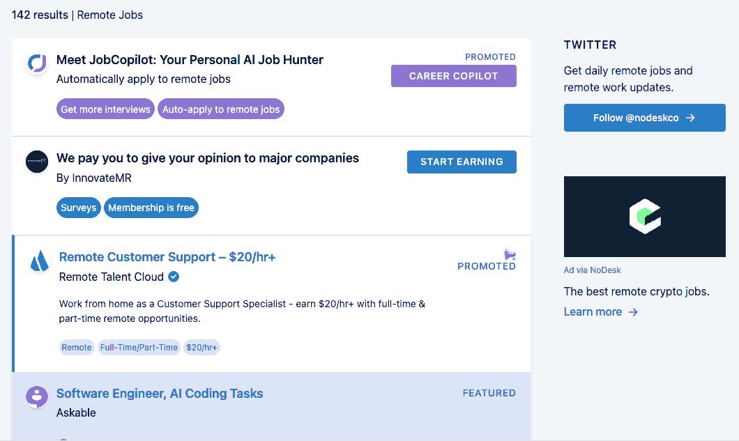 NoDesk job list, 142 results: promoted cards for JobCopilot, InnovateMR surveys and a remote customer support ad, then a Featured listing