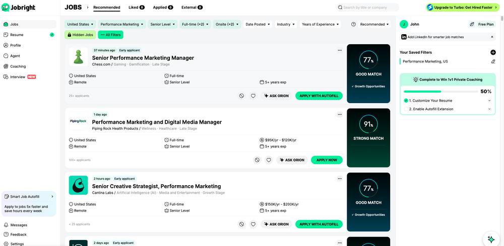 Jobright job feed with a match score for each job