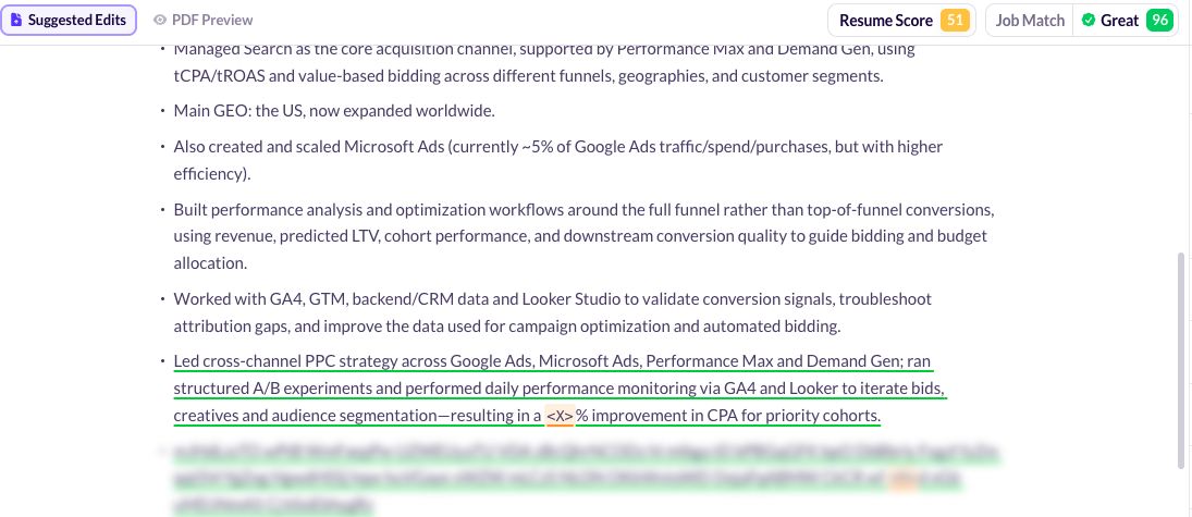 Huntr resume editor: suggested edits panel with blurred suggestions, one visible suggestion, Resume Score 51 and Job Match Great 96