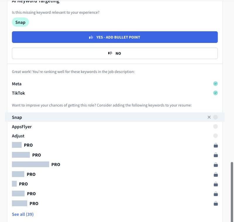 Rezi keyword targeting on the free plan: two matched keywords, three missing keywords shown and the rest marked PRO with a lock