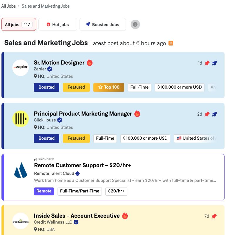 WWR Sales and Marketing Jobs, All jobs 117, with Hot jobs and Boosted Jobs filters; listings marked Boosted, Featured and Top 100, a promoted customer support ad and an Inside Sales Account Executive job
