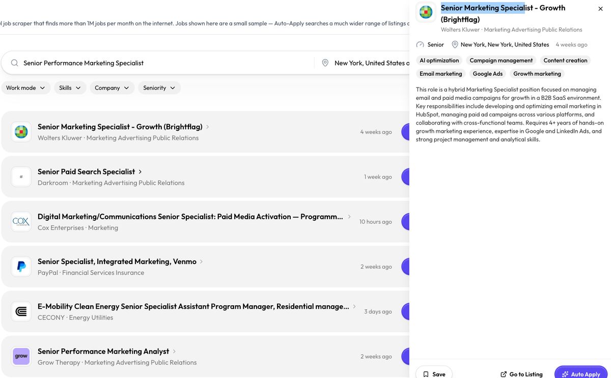 AIApply job board: search for Senior Performance Marketing Specialist in New York with filters for work mode, skills, company and seniority, and a job detail panel with Go to Listing and Auto Apply buttons