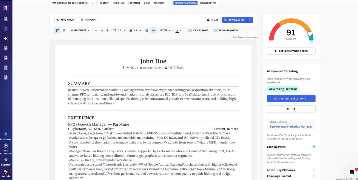 Rezi resume builder: resume preview with formatting tools, Rezi Score 91 and AI keyword targeting for a target job on the right