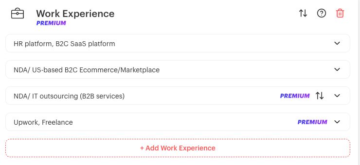 Kickresume editor on the free plan: the first two work entries have no label, the third and fourth are marked Premium