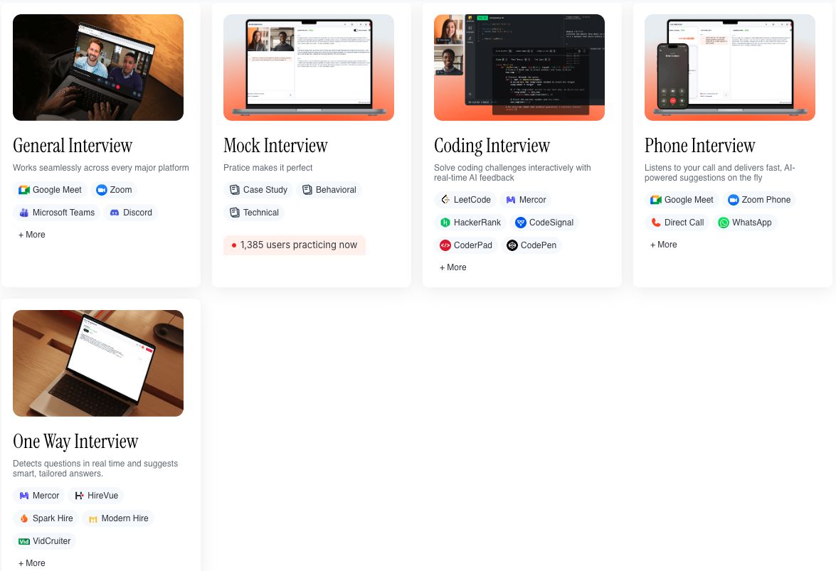 Final Round AI web dashboard with five session types: General, Mock, Coding, Phone and One Way Interview, each with the platforms it supports
