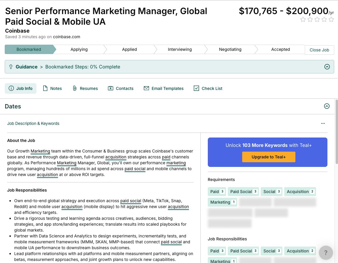 A saved Coinbase job in Teal's tracker: stages from Bookmarked to Accepted, tabs for notes, resumes, contacts, email templates and checklist, the job description with highlighted keywords and a prompt to unlock 103 more keywords with Teal+