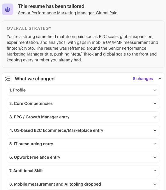 Kickresume tailoring result: overall strategy for the job, a list of eight changes and keywords added from the job ad