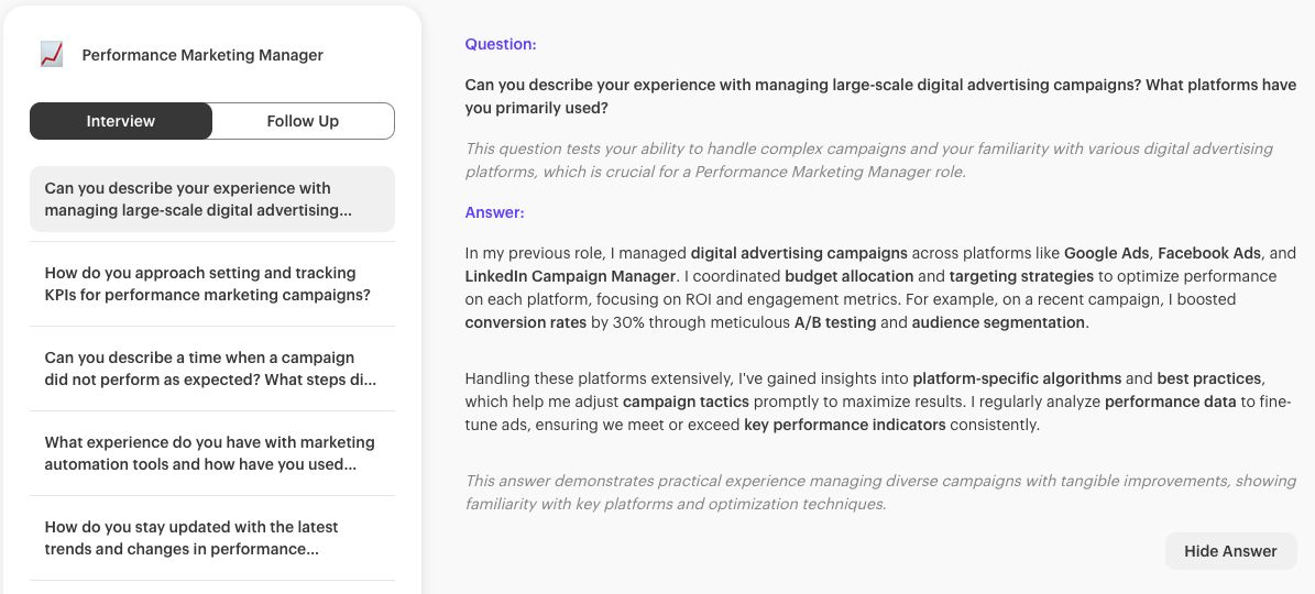 Kickresume interview questions for a Performance Marketing Manager: list of questions and a model answer with the reason the question is asked
