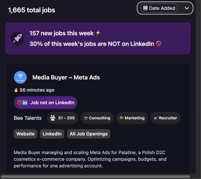 Remote Rocketship search page for remote marketing jobs: 1,665 total jobs, 157 new this week, 30% not on LinkedIn, and a job card labelled 'Job not on LinkedIn'