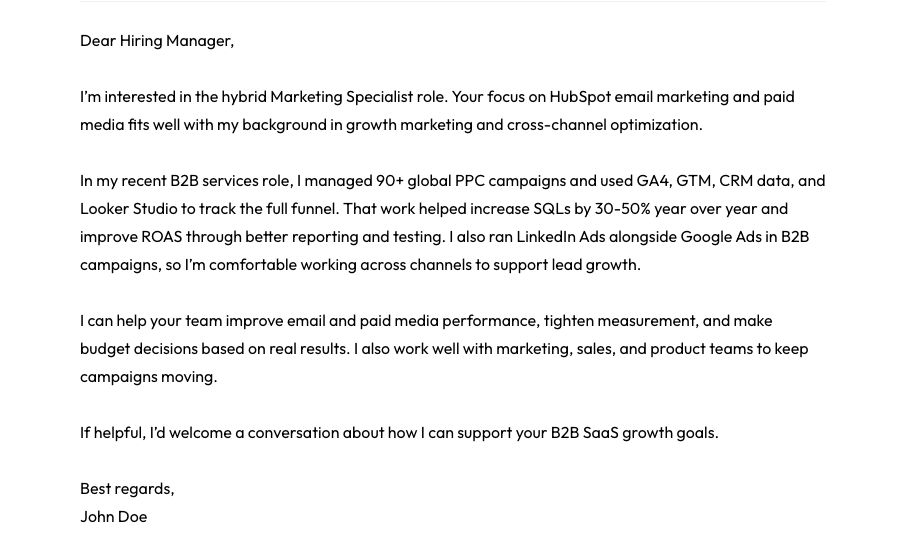 AIApply cover letter editor with a letter for a Marketing Specialist role and the AI Edit panel with options such as Make more formal and Translate to Spanish