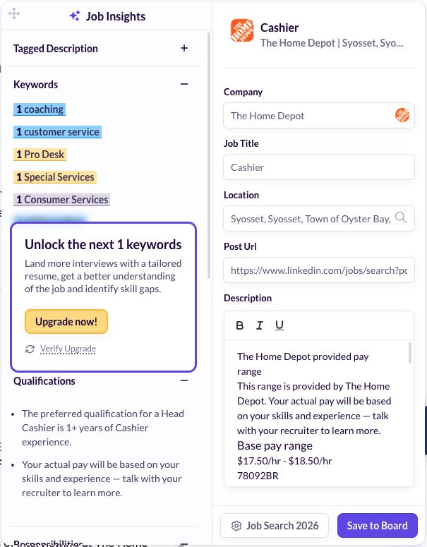 Huntr clipper panel on a LinkedIn job: keywords, an upgrade prompt for more keywords, and the fields saved to the board