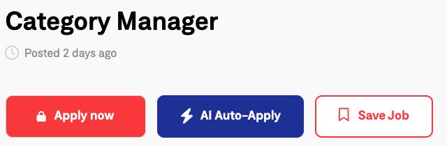 WWR job page for a Category Manager role in a free account: Apply now button with a lock, AI Auto-Apply and Save Job buttons; About the job box and Country with a lock