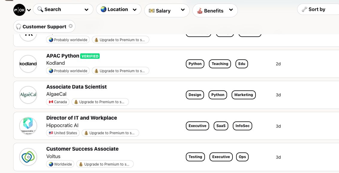 Remote OK job list filtered by Customer Support: APAC Python at Kodland, Associate Data Scientist at AlgaeCal, Director of IT and Workplace at Hippocratic AI, Customer Success Associate at Voltus; most show Upgrade to Premium to see salary