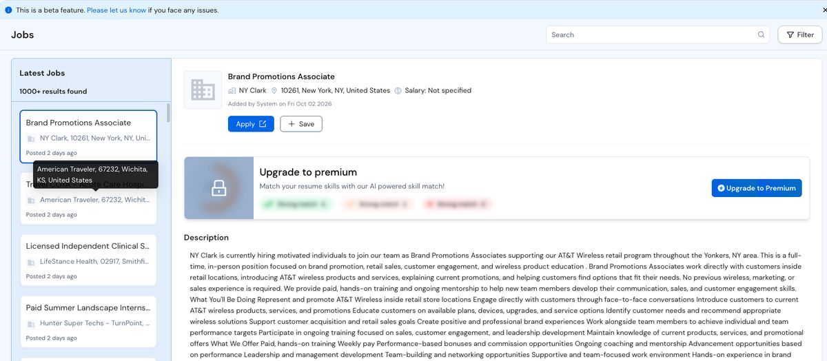 Careerflow Jobs page in beta: Brand Promotions Associate in New York at the top of 1000+ results, with an Upgrade to premium prompt for AI skill match