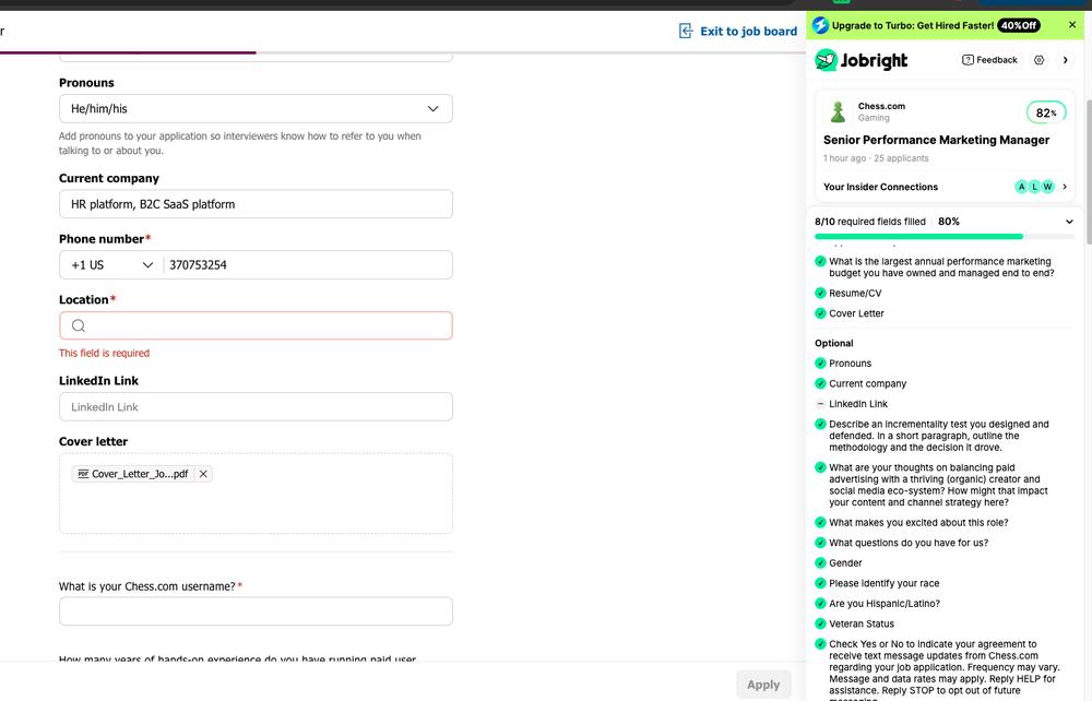 Jobright extension filling in an application form