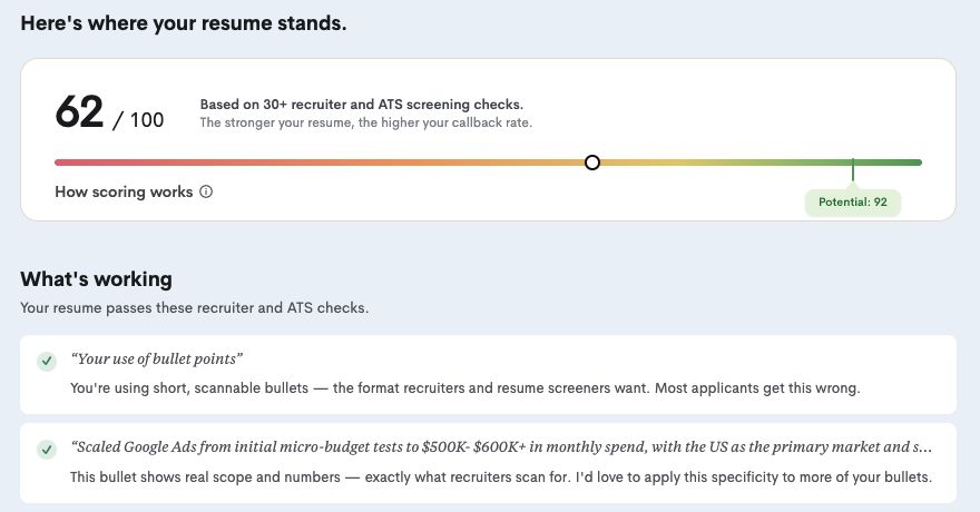 Resume Worded score: 62 out of 100, Potential 92, based on 30+ recruiter and ATS screening checks, with two items under What's working