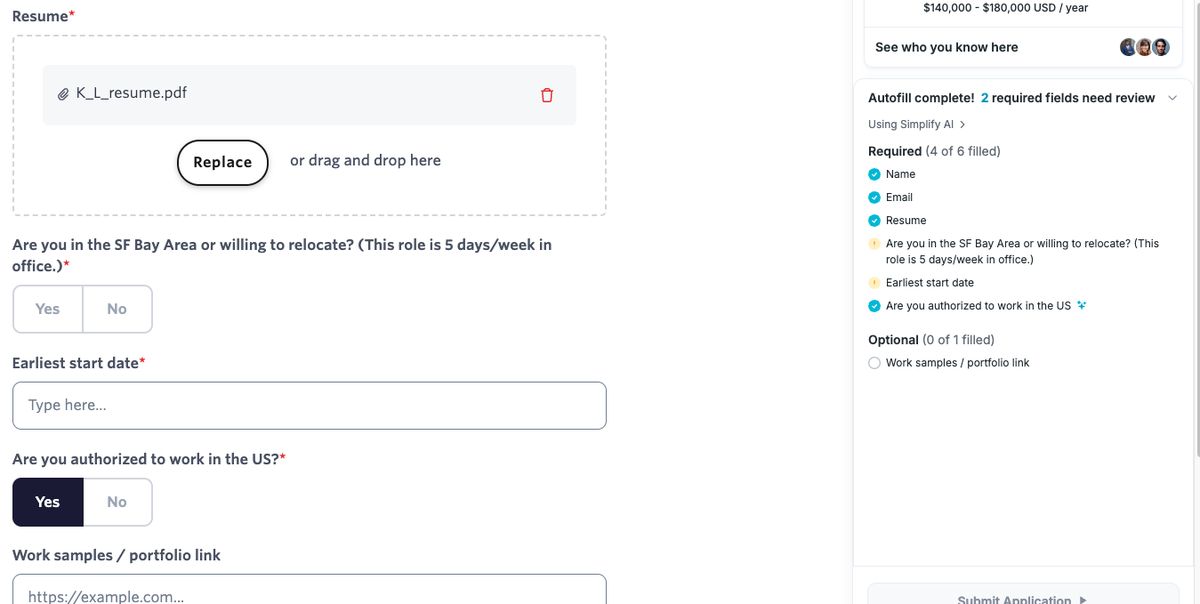 Simplify Copilot after autofilling an Ashby application form: 4 of 6 required fields filled, two flagged for review