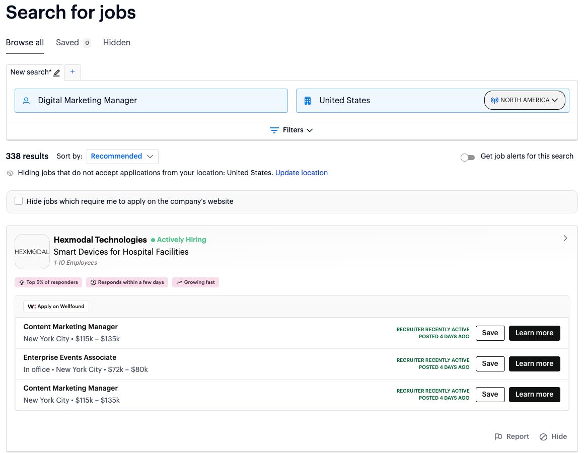 Wellfound job search in a free account: Digital Marketing Manager in the United States, 338 results sorted by Recommended, a job alerts switch, a note that jobs not accepting applications from the United States are hidden, a tick box to hide jobs applied for on the company's website; first company with labels Actively Hiring, Top 5% of responders, Responds within a few days and three marketing jobs with salary ranges