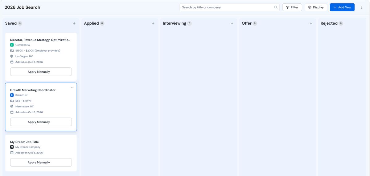 Careerflow Job Tracker board with Saved, Applied, Interviewing, Offer and Rejected columns and three saved jobs