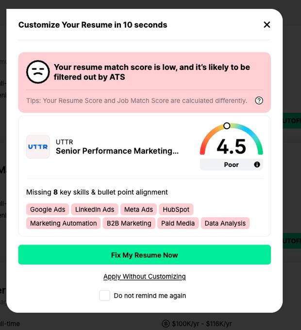 Jobright listing missing skills and offering to rewrite the resume