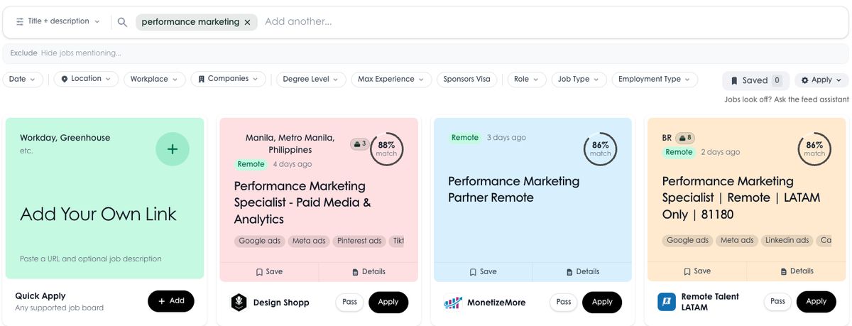 Tsenta Browse jobs with the keyword performance marketing: filters for date, location, workplace, companies, experience, visa sponsorship, role and job type, and job cards with 85–88% match scores in Manila, Brazil, London, the US, Toronto