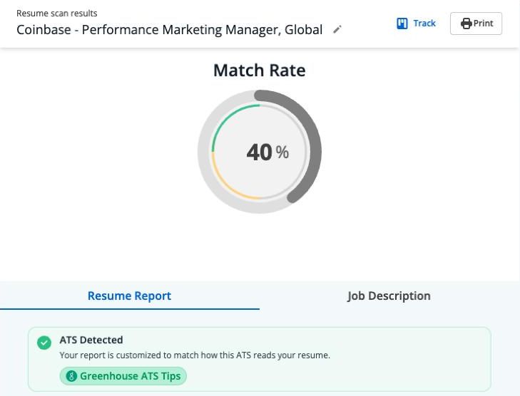 Jobscan resume scan results for a Performance Marketing Manager job ad: match rate 40%, Greenhouse detected as the ATS, and an AI Optimize prompt