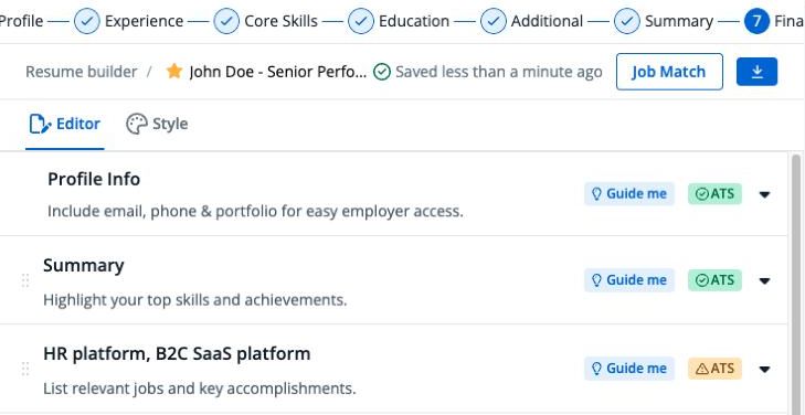 Jobscan resume builder editor: steps from Profile to Summary, sections with Guide me and ATS markers, a Job Match button and a download button