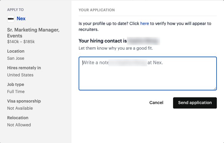 Wellfound application form for a Sr. Marketing Manager, Events role at Nex: salary $140k–$185k, location, Hires remotely in United States, job type, visa sponsorship and relocation on the left; on the right a link to check how you appear to recruiters, the hiring contact's name, a note box and Cancel and Send application buttons