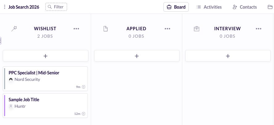 Huntr job board with Wishlist, Applied, Interview, Offer and Rejected columns