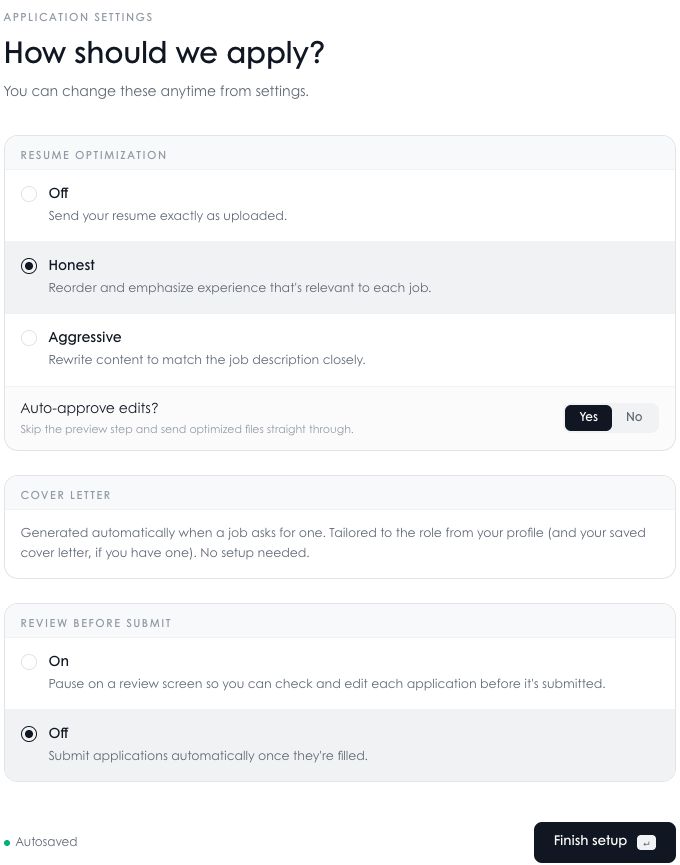 Tsenta settings How should we apply: Resume optimization Off, Honest (selected) or Aggressive; Auto-approve edits Yes; cover letter generated automatically; Review before submit Off (selected)