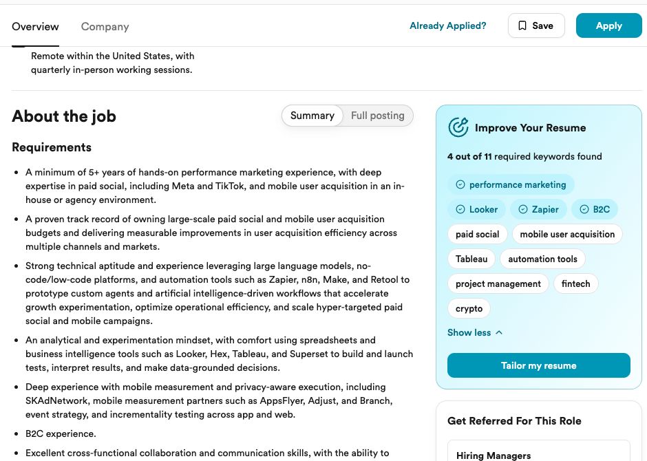 A job in Simplify with its requirements, 4 of 11 posting keywords found in the resume, and a referral block