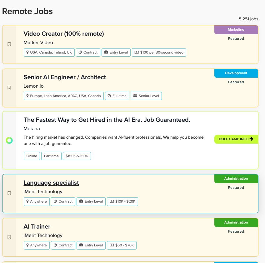 Working Nomads Remote Jobs list, 5,251 jobs: Featured listings from Marker Video, Lemon.io and iMerit Technology and a Metana bootcamp ad with BOOTCAMP INFO button, each card with location, type, level and salary tags