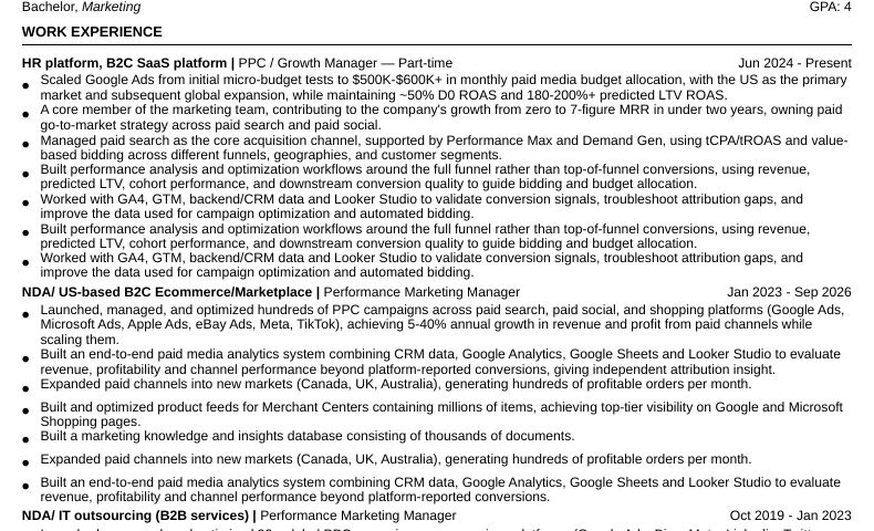 Resume generated by Tsenta for one application: under the current job, two bullets on performance analysis and GA4 data appear twice